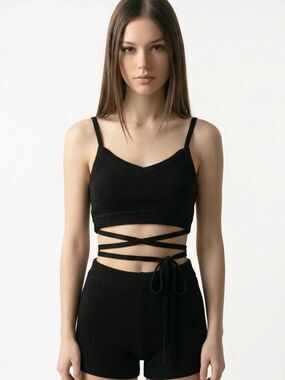 SET | Black Knit Wrap Around Strappy Bralette Crop Top Women’s Size Medium